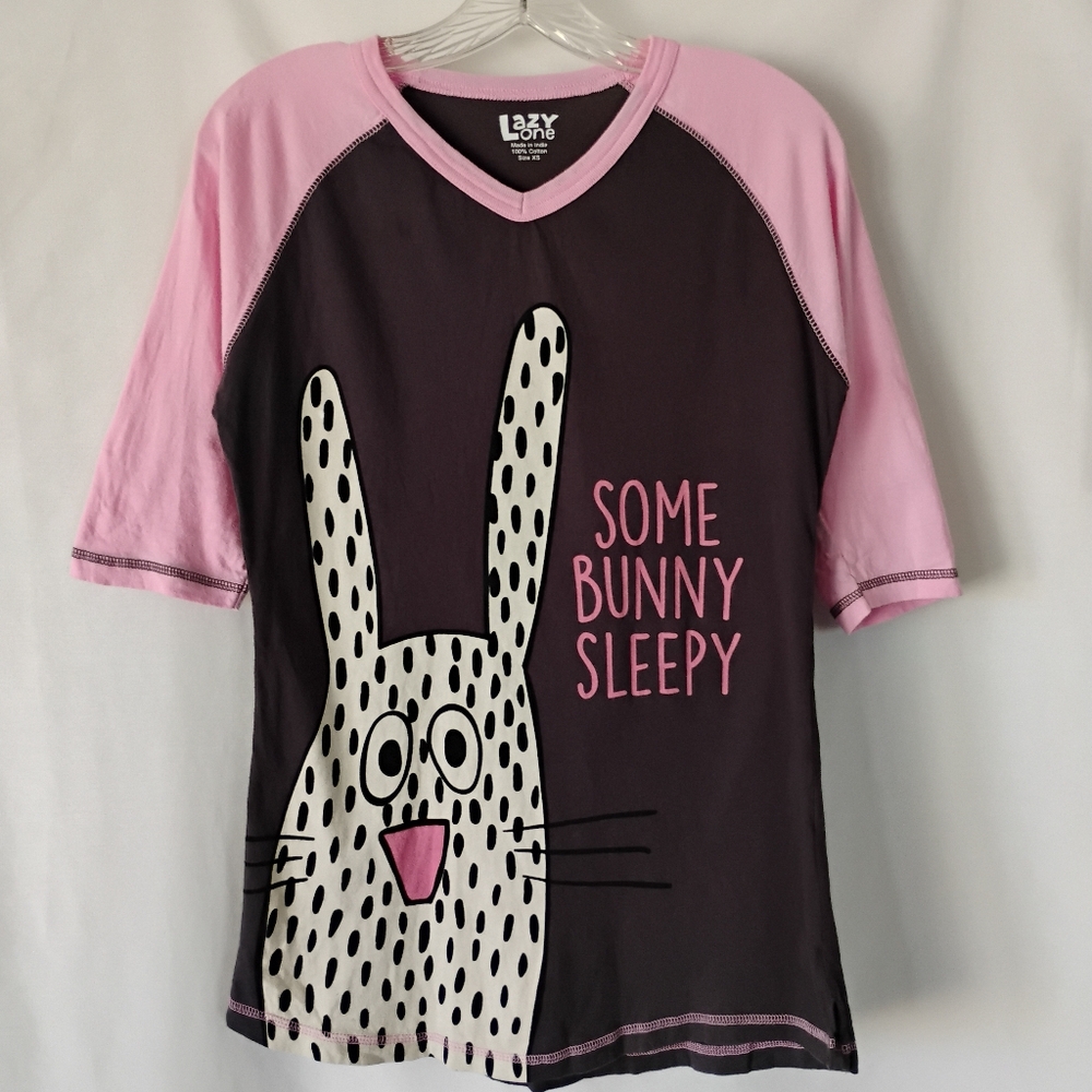 Women's Lazy One "Some Bunny Sleepy" Cute Comfy Pink Grey Oversize Pajama Shirt